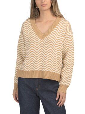 NWT SUGAR LIPS Chevron Printed Oatmeal V-Neck Cotton Blend Sweater XS